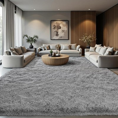 Miękki dywan shaggy, puszysty, antypoślizgowy, jasnoszary 9' x 12'