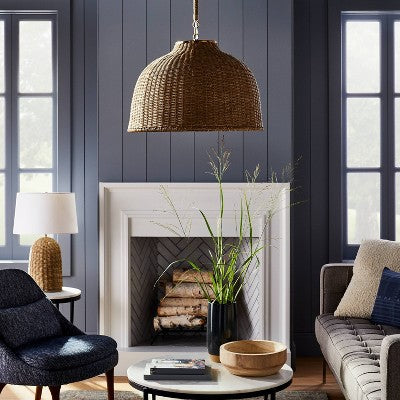 Duża lampa wisząca z naturalnych włókien, brązowa, regulowana wysokość