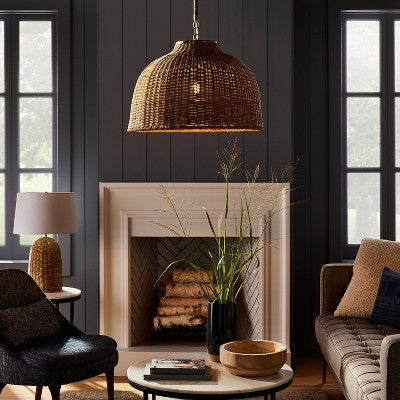 Duża lampa wisząca z naturalnych włókien, brązowa, regulowana wysokość