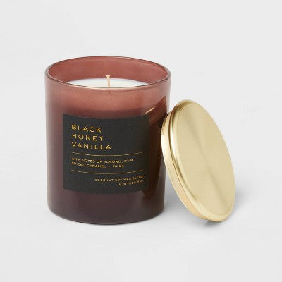 Świeca w szklanym słoiku z przykrywką 8 oz (wanilia z czarnym miodem), wosk sojowo-kokosowy