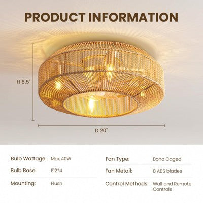 Sufitowy wentylator w stylu boho z oświetleniem i pilotem, 20\"